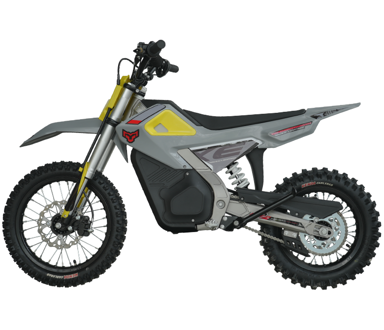 A grey and white EZ Pro Little Leopard with bright yellow accents, knobby off-road tires, and a black seat .