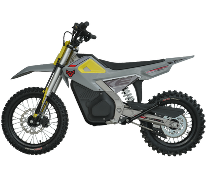 A grey and white EZ Pro Little Leopard with bright yellow accents, knobby off-road tires, and a black seat .