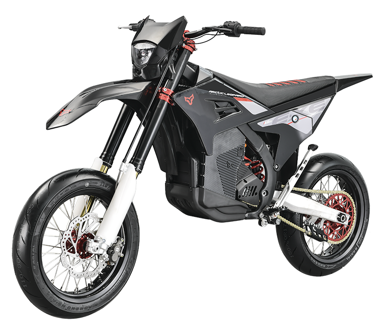 Arctic Leopard E-XE 880 Super electric dirt bike, side profile on white background