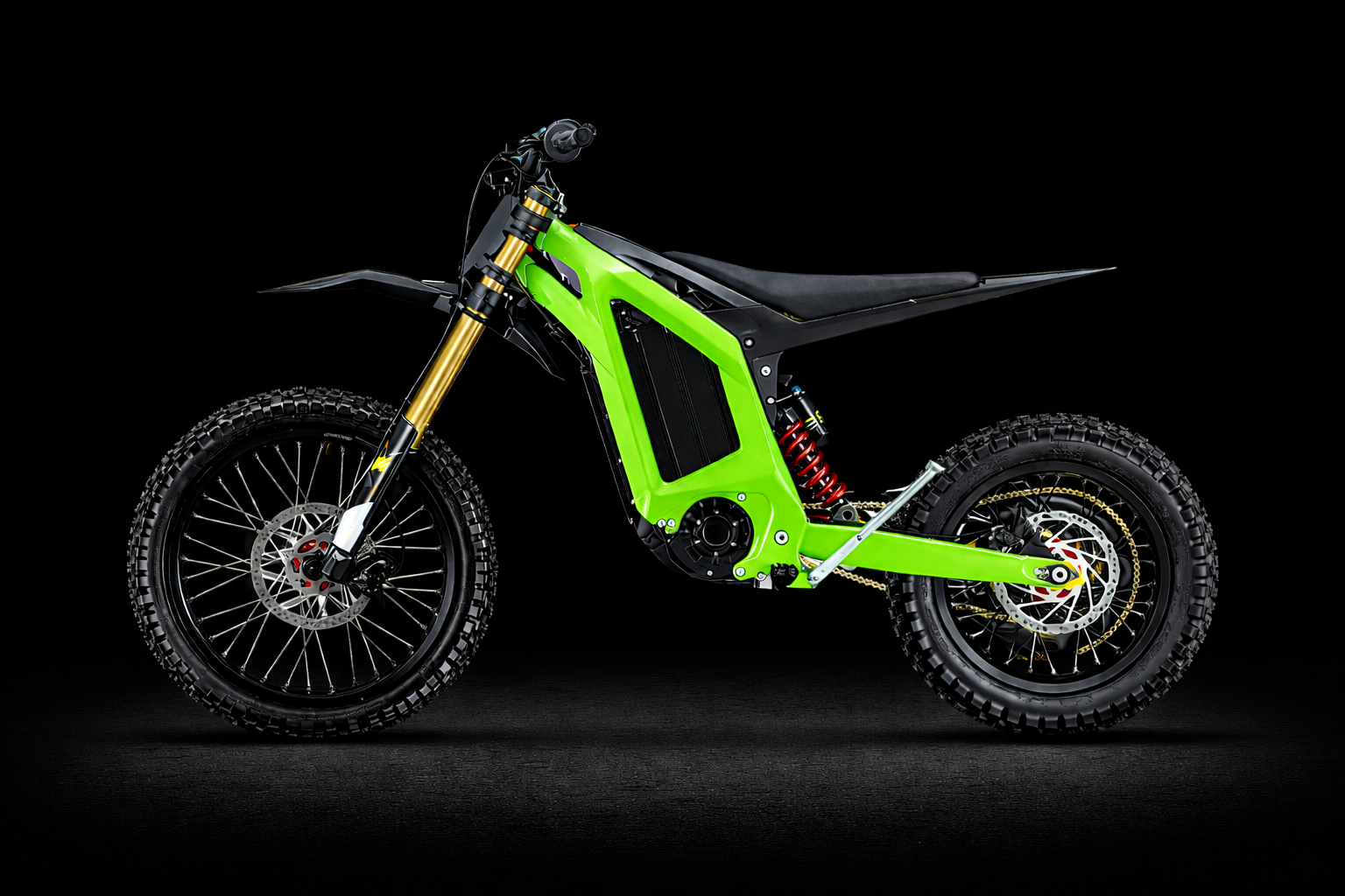 Neon green electric dirt bike with gold front forks, a black seat, and a red rear suspension spring.