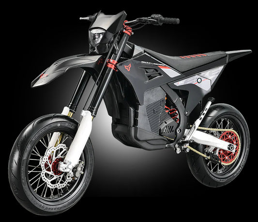 Black E-XE 880 Super electric dirt bike with red hubs and heavy-duty motocross tires.