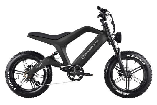 Shark urban electric commuter bike in matte black with fat tires and a bright round headlight.