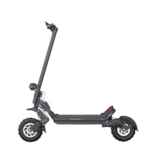 Black off-road electric scooter with thick knobby tires and a long deck.