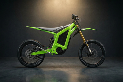 Neon green XF Pro Super electric dirt bike featuring gold front forks, a black seat, and a centered black motor.
