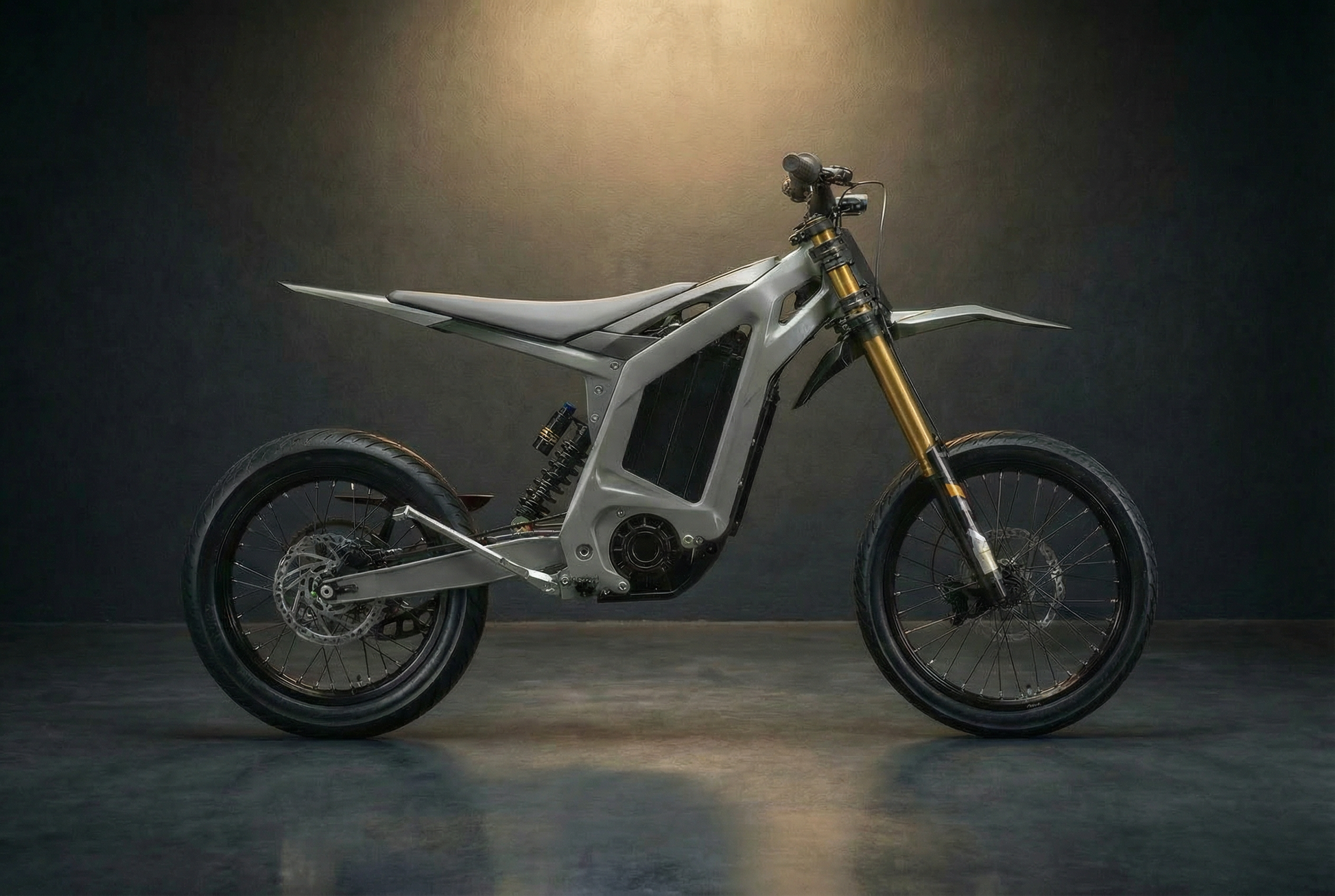 Silver XF Pro Super electric dirt bike featuring gold front forks, a black seat, and a centered black motor.