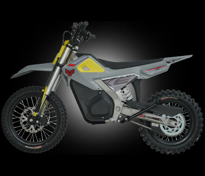 A grey and white EZ Pro Little Leopard with bright yellow accents, knobby off-road tires, and a black seat .