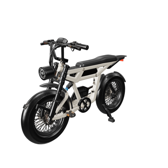 White Malibu electric commuter bike with fat tires and a large utility frame.