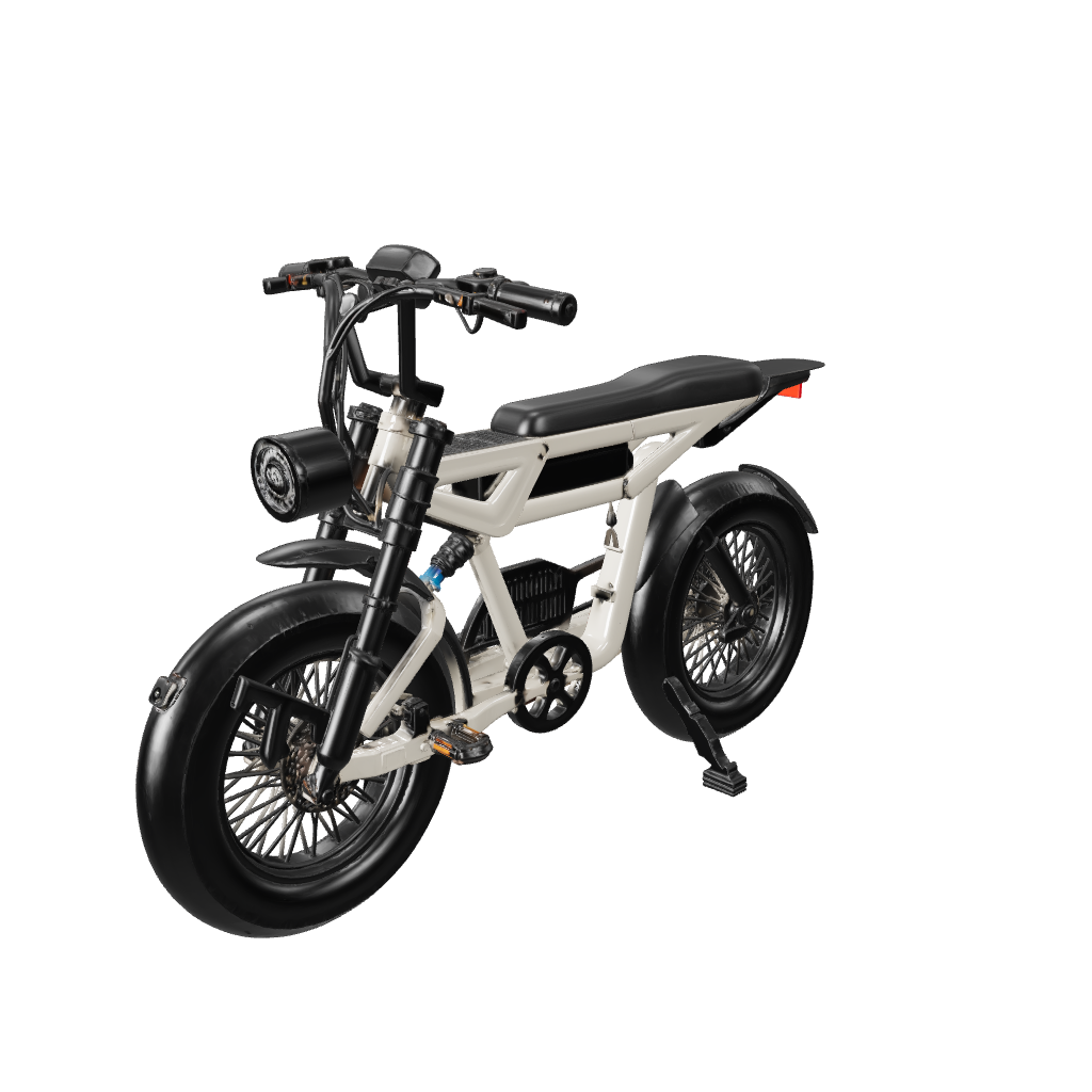 White Malibu electric commuter bike with fat tires and a large utility frame.