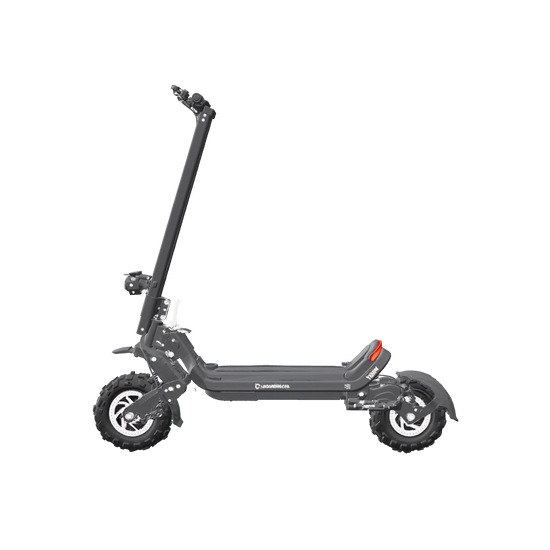 Front-right view black off-road electric scooter with thick knobby tires and a long deck.