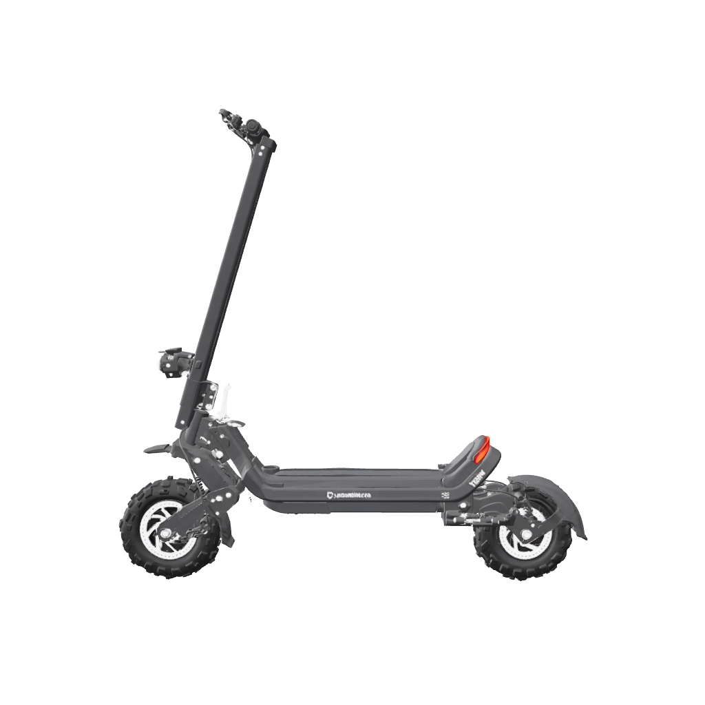 Front-right view black off-road electric scooter with thick knobby tires and a long deck.