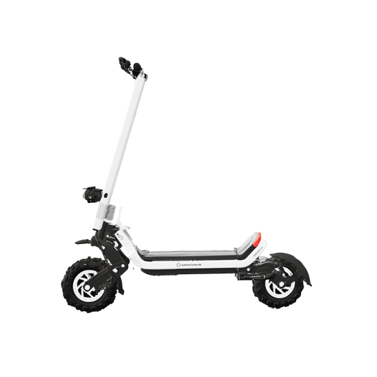 Vegas White off-road electric scooter with thick knobby tires and a long deck.