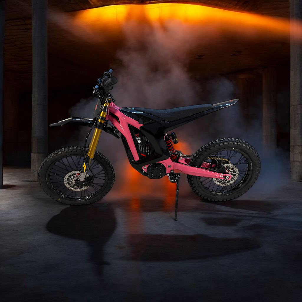 A bold hot pink and black electric dirt bike featuring gold forks and a red rear spring, surrounded by a misty, fog-filled background.